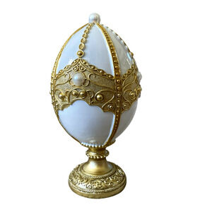Rachel Zoe Pearl Embellished Egg On Pedestal White & Gold Glam Easter Decor NEW